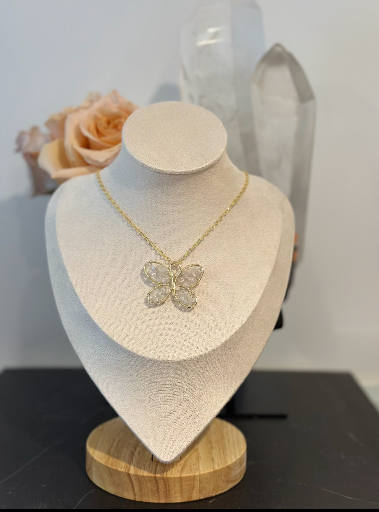Hand-Beaded Clear Quartz Butterfly Necklace