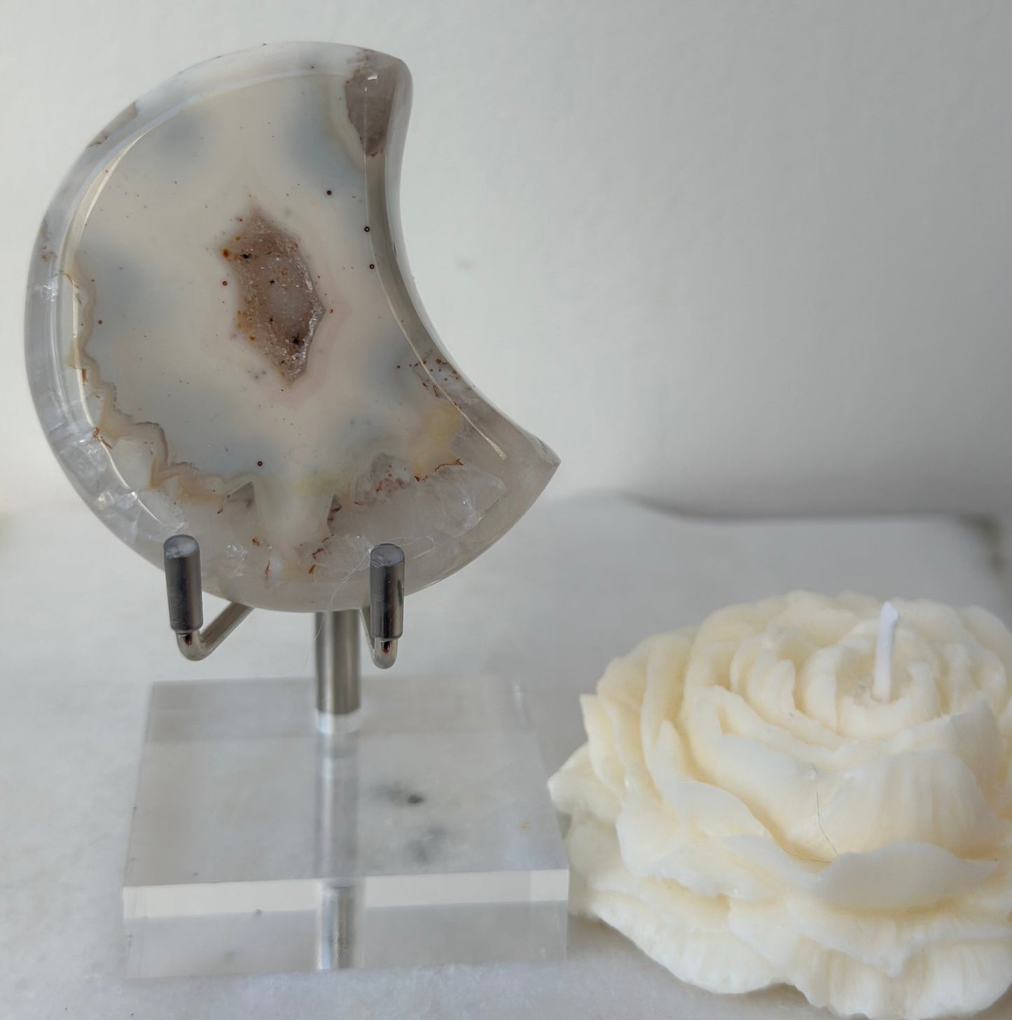 Hand-Carved Agate Crescent Moon on Stand