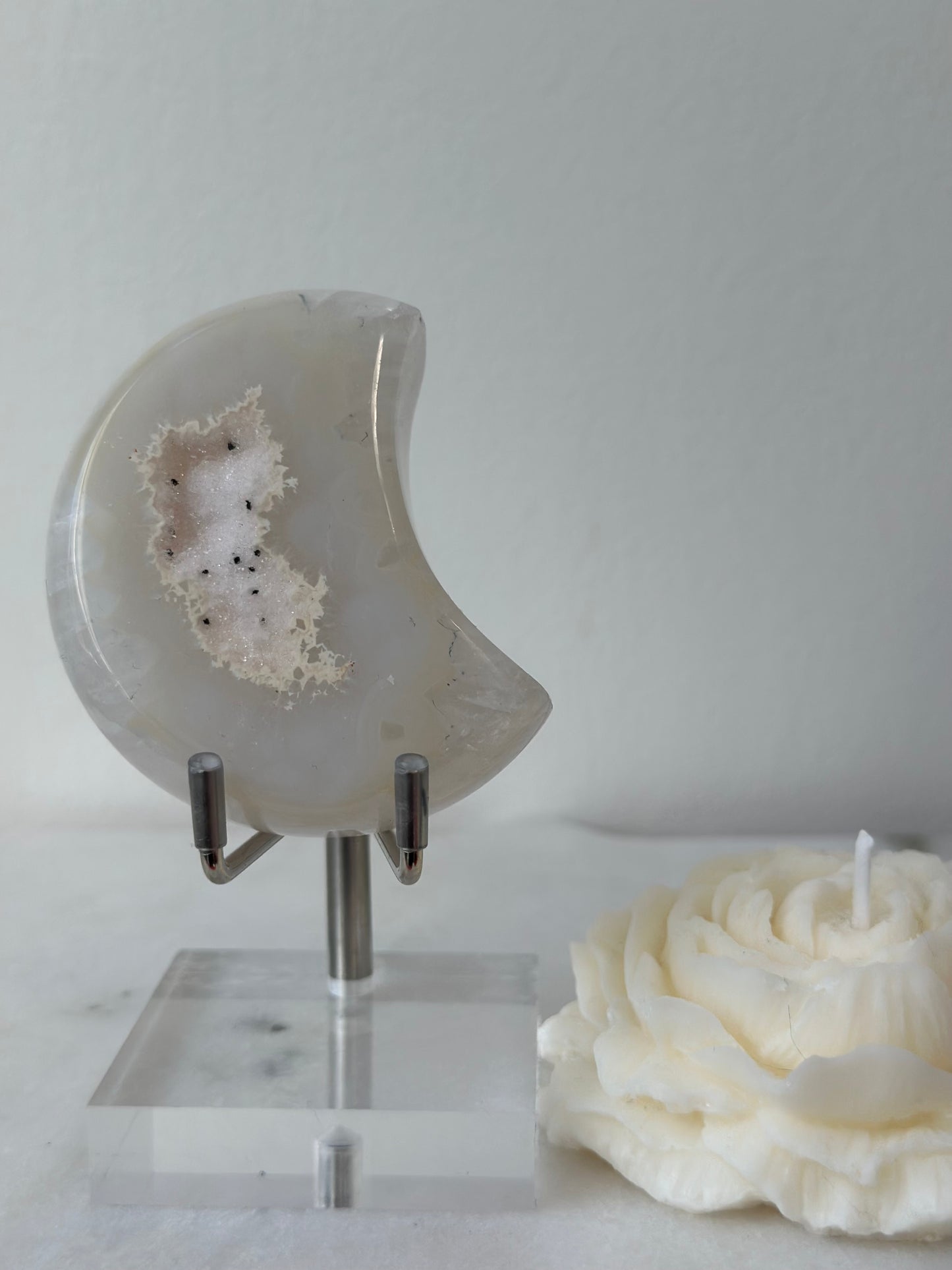 Hand-Carved Agate Crescent Moon on Stand