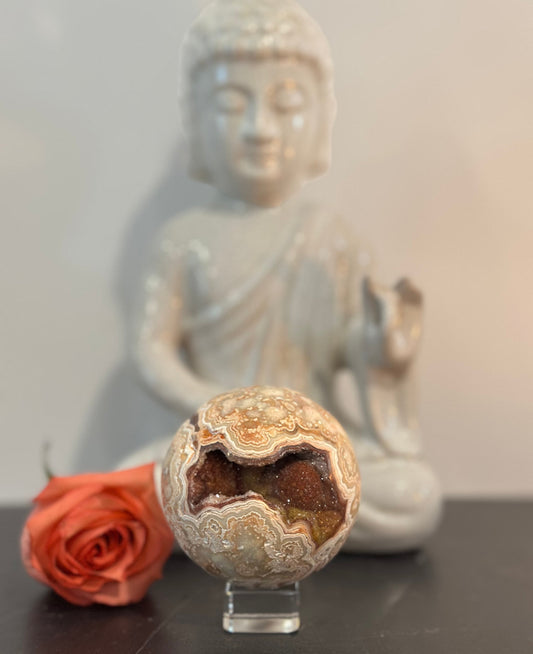 Crazy Lace Agate Sphere with Natural Druzy Window
