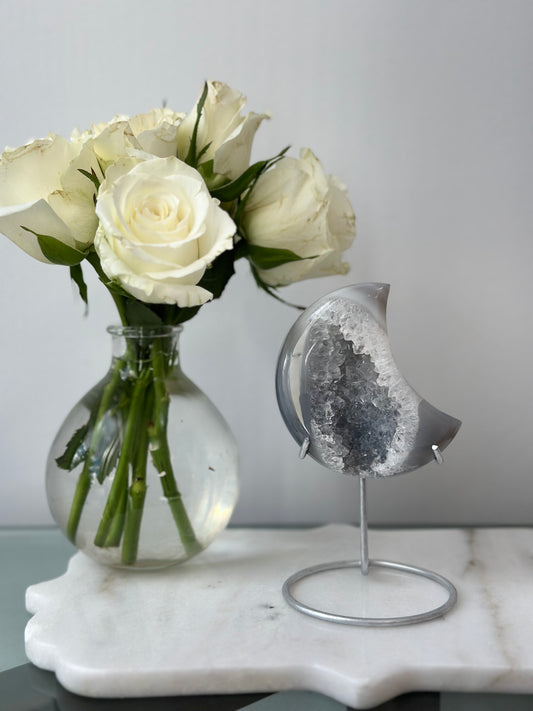 Grey Druzy Agate Moon on Stand