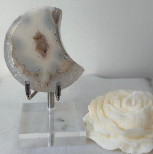 Hand-Carved Agate Crescent Moon on Stand