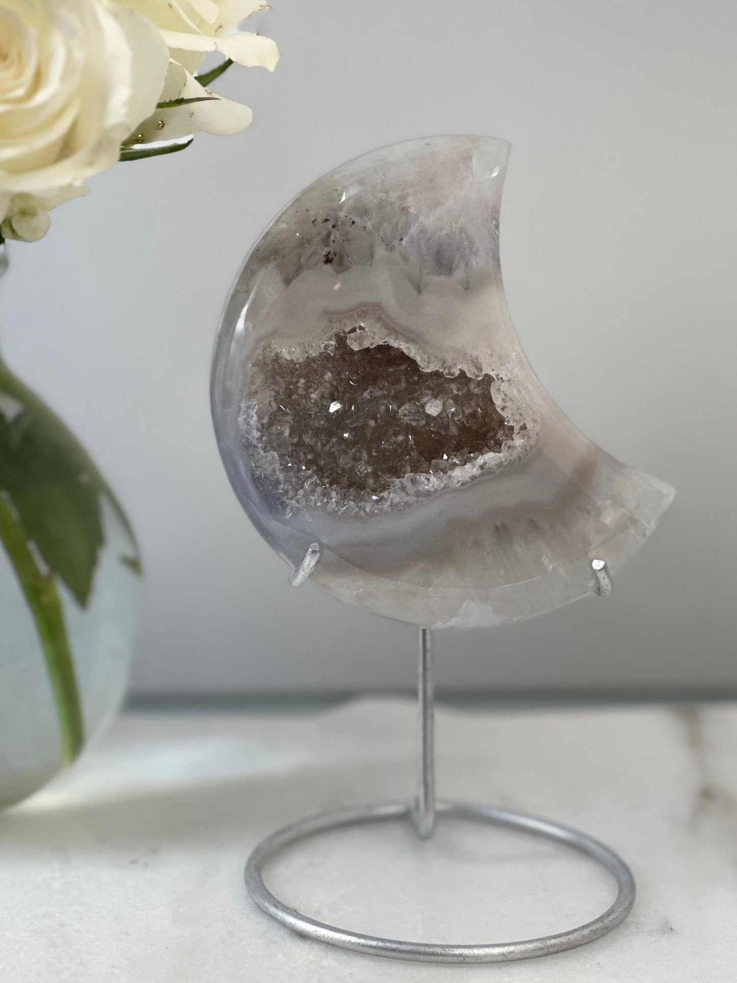 Smoky Druzy Agate Moon on Stand