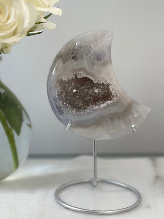 Smoky Druzy Agate Moon on Stand