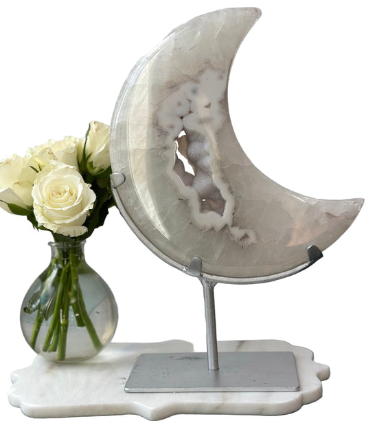 White Agate Moon on Stand