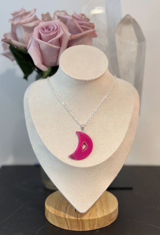 Hand-Carved Dyed Pink Agate Crescent Moon Necklace