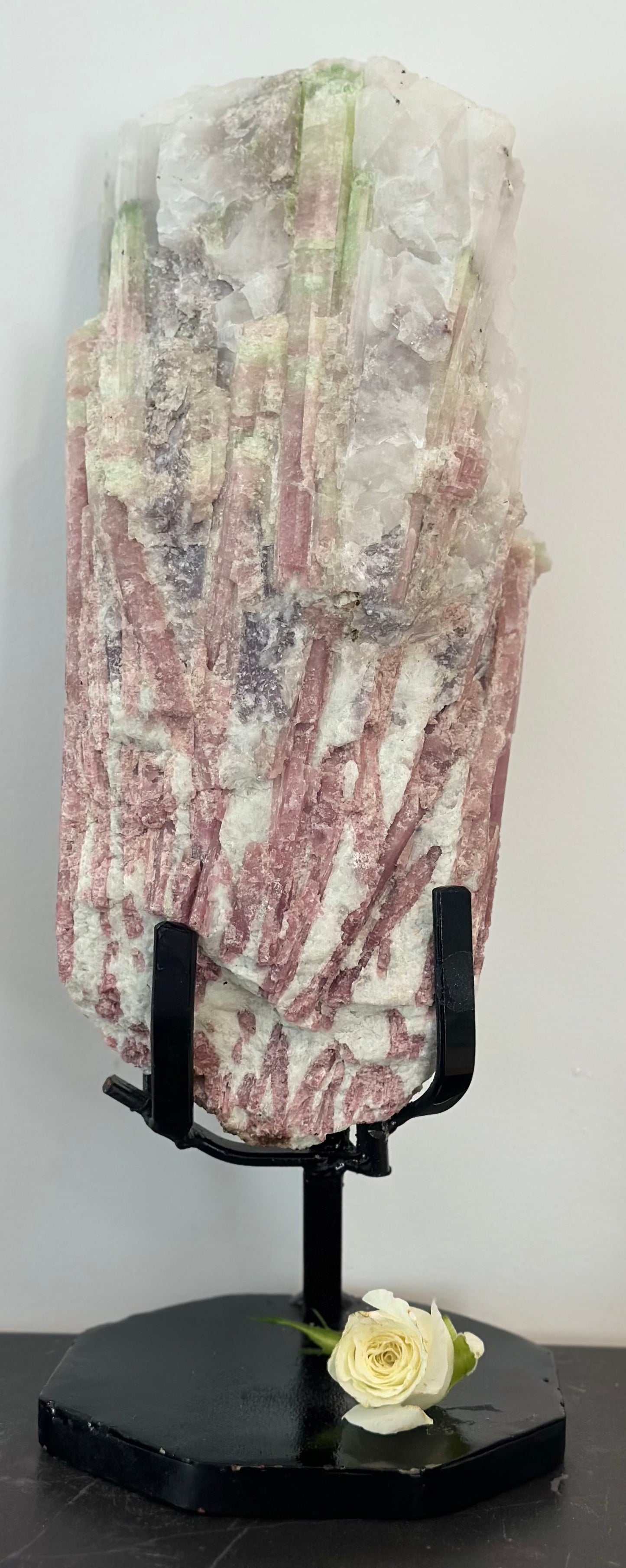 Pink & Green Tourmaline in Lepidolite – Raw Formation on Stand
