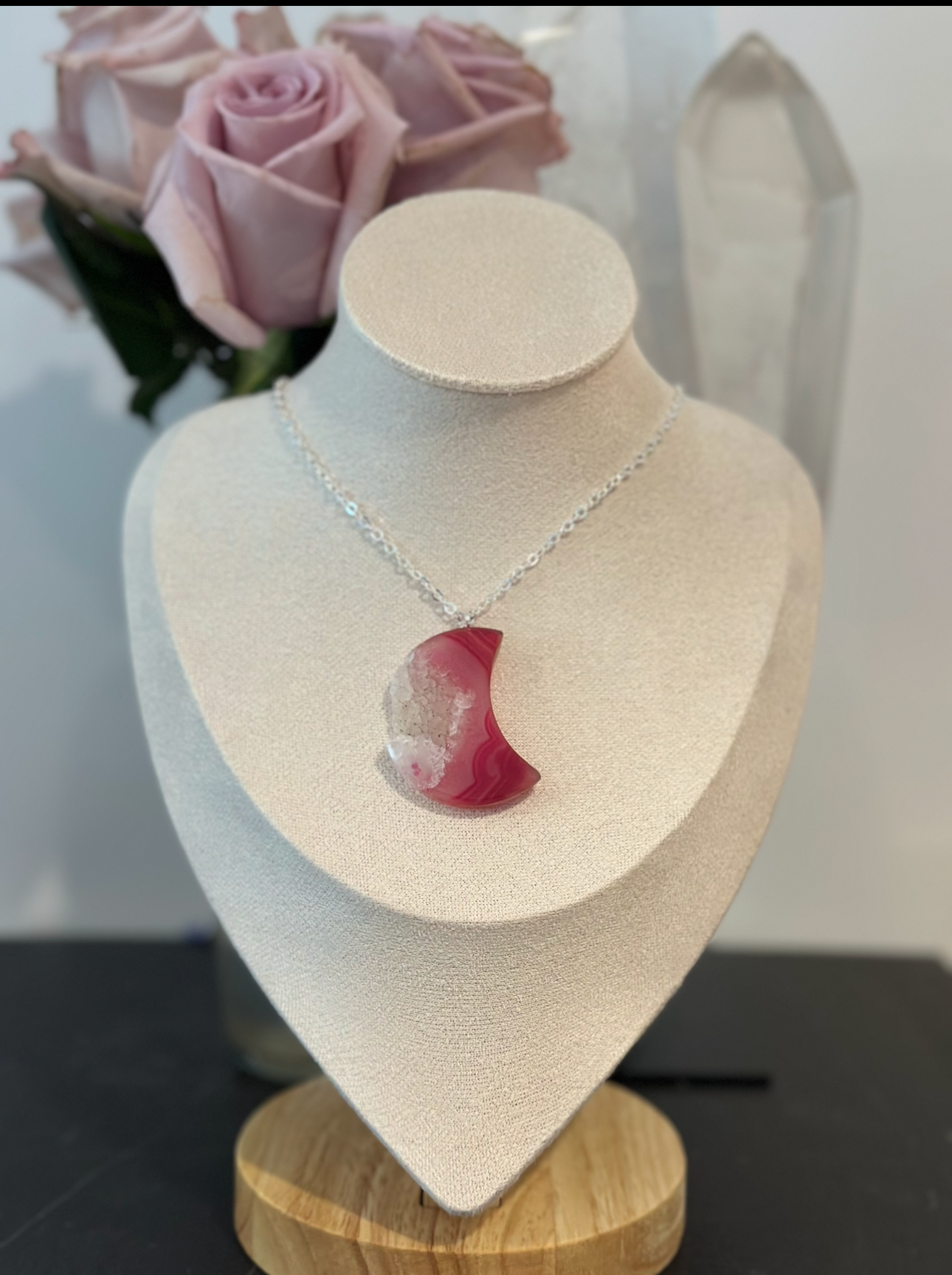 Hand-Carved Dyed Pink Agate Crescent Moon Necklace