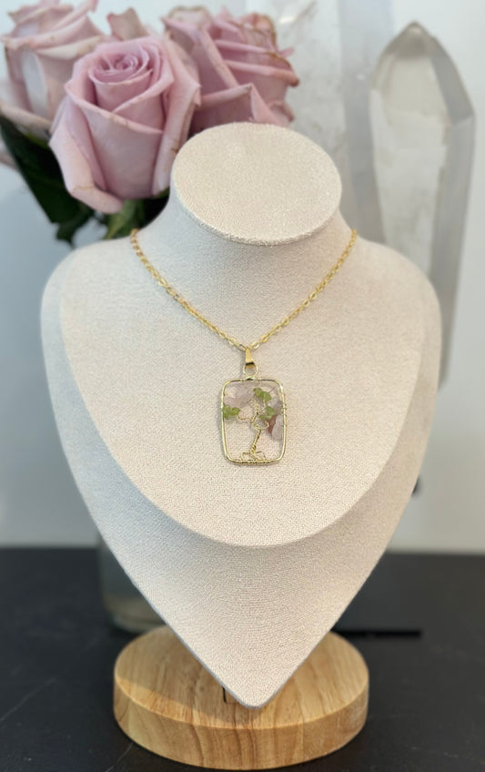 Tree of Life Necklace — Rose Quartz & Green Aventurine