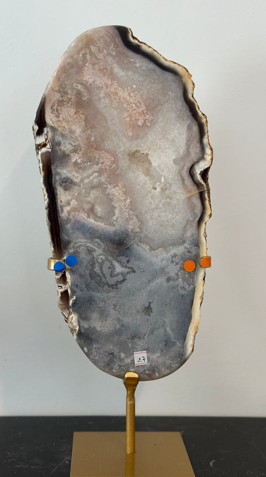 Pink Amethyst with Agate Slab on Gold Stand