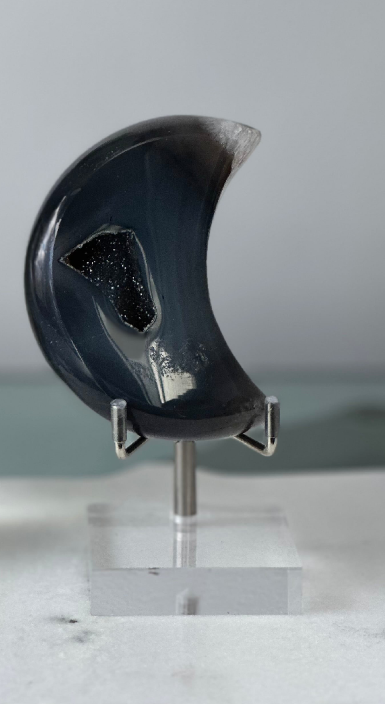 Black Druzy Agate Moon on Stand