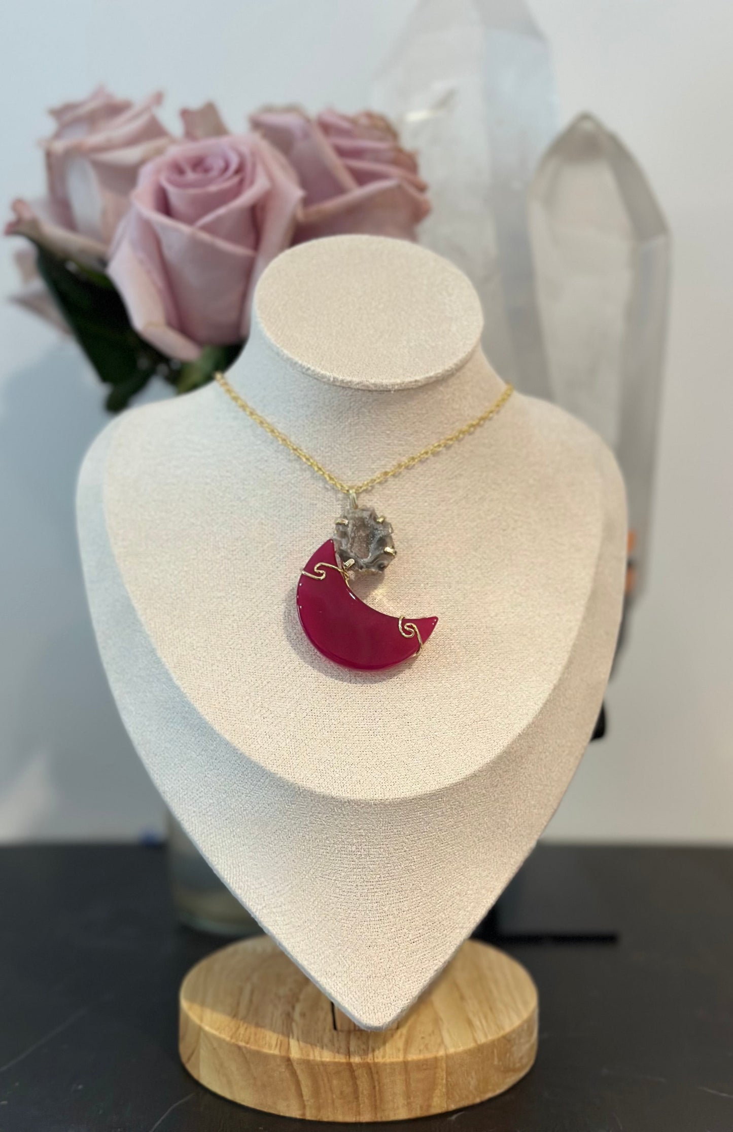 Pink Agate Moon and Geode Necklace