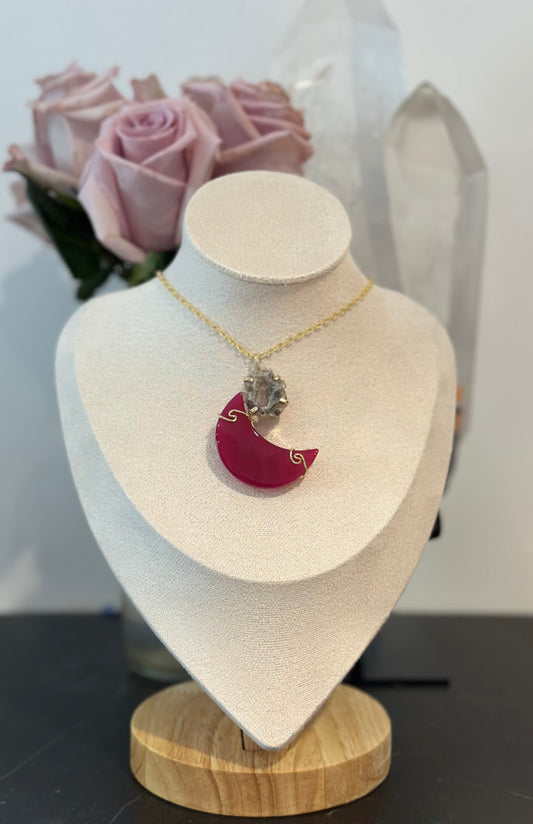 Pink Agate Moon and Geode Necklace